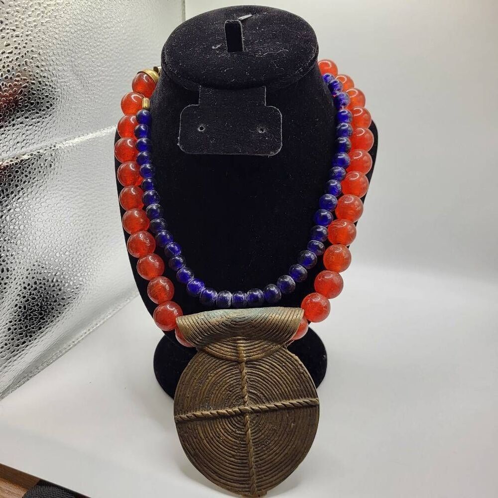 Ashanti Ghana Double Strand 18 Inch Glass Bead Necklace With Brass Pendant